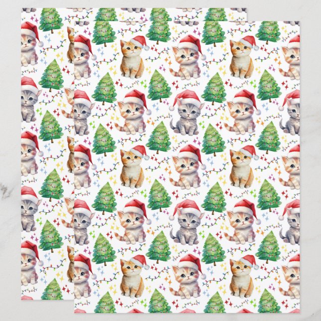 Papel de Scrapbook do Gato de Natal (Frente/Verso)