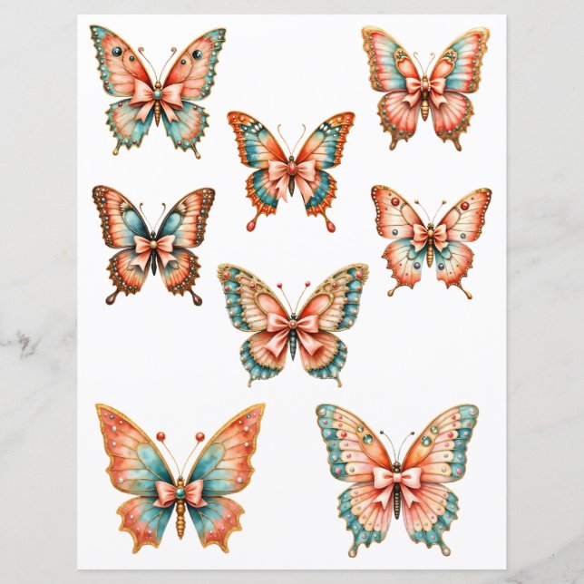 Papel de Scrapbook Efêmero de Borboleta Coral e Az (Frente)
