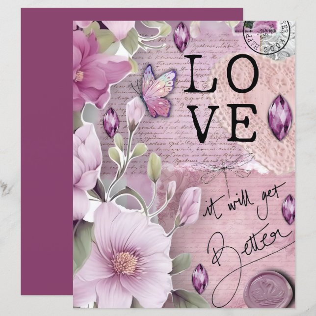 Papel de Scrapbook Ephemera Vintage Rosa Pó Desbot (Frente/Verso)