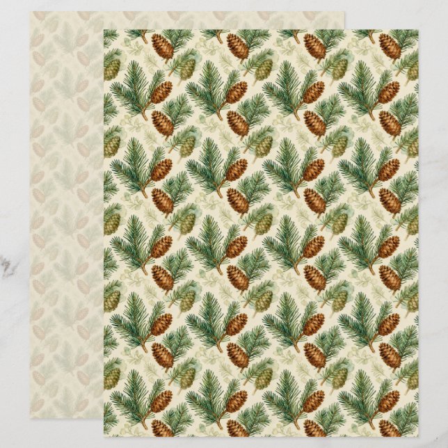 Papel de Scrapbook Evergreens e Cones (Frente/Verso)