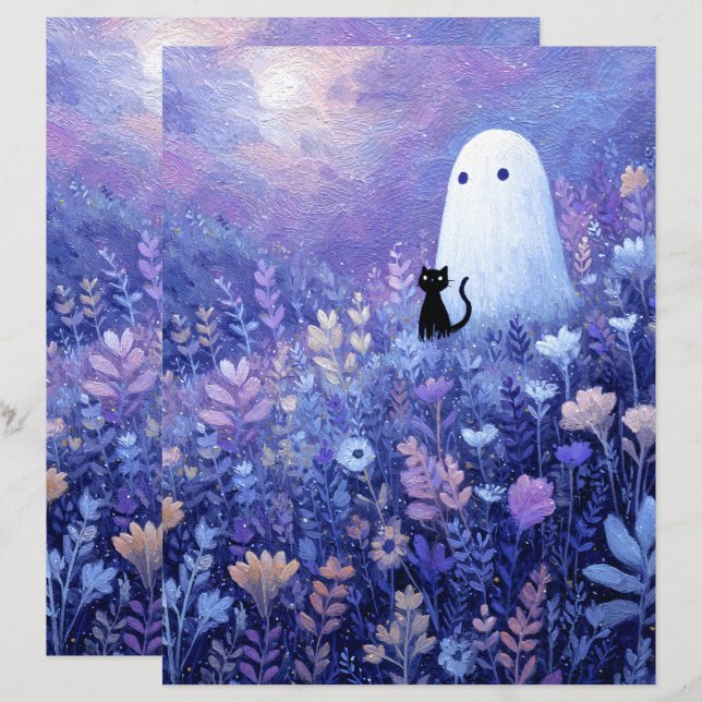 Papel de Scrapbook Fantasma e Gato Caprichosos em  (Frente/Verso)