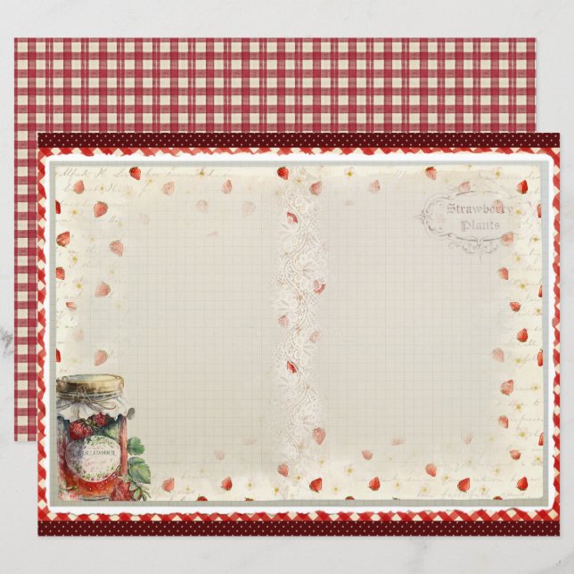 Papel de Scrapbook Fazenda de Morango Vintage (Frente/Verso)
