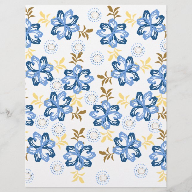 Papel de Scrapbook Floral Azul e Dourado (Frente)