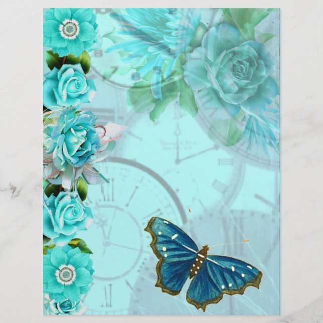 Papel de scrapbook floral borboleta azul menta rom (Frente)