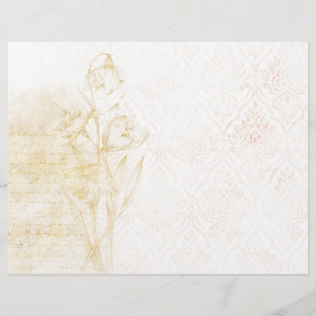 Papel de Scrapbook Floral e Damask em Ouro Delicad (Frente)