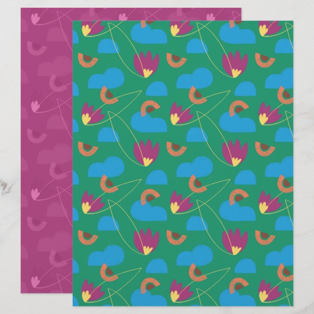 Papel de Scrapbook Floral em Nuvem (Frente/Verso)