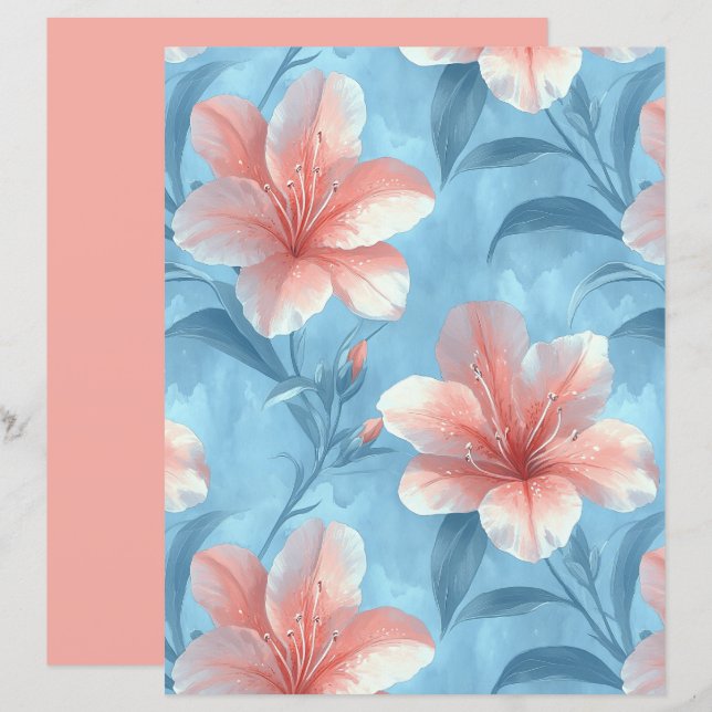 Papel de Scrapbook Floral Hibisco Pêssego (Frente/Verso)