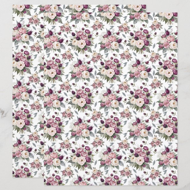 Papel de Scrapbook Floral Mauve Aquarela (Frente/Verso)
