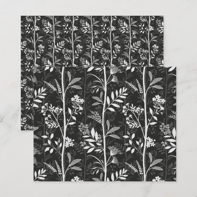 Papel de Scrapbook Floral Preto Sofisticado e Mal- (Frente/Verso)