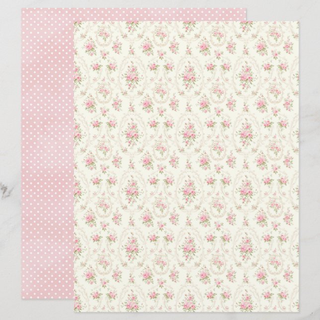 Papel de Scrapbook Floral Rosa Coquette Vintage (Frente/Verso)