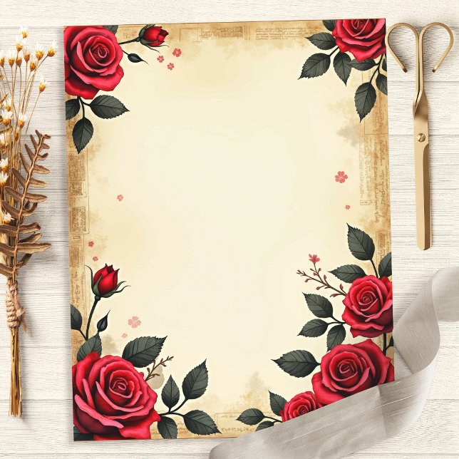 Papel de Scrapbook Floral Rosas Vermelhas Vintage (Criador carregado)