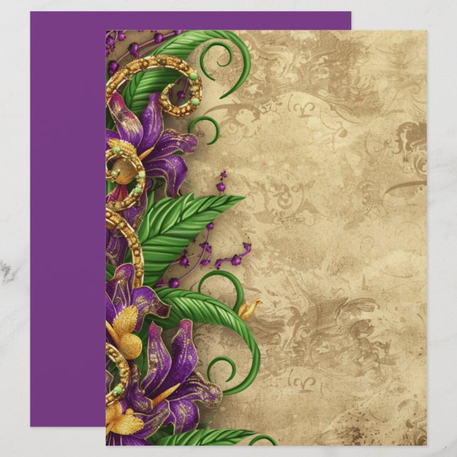 Papel de Scrapbook Floral Roxo Vintage Elegante (Frente/Verso)