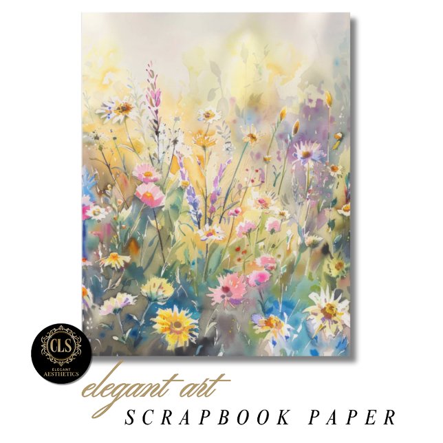 Papel de Scrapbook Flores Silvestres Aquarela (Scrapbook Paper with Pastel Watercolor Wildflower Art Design)