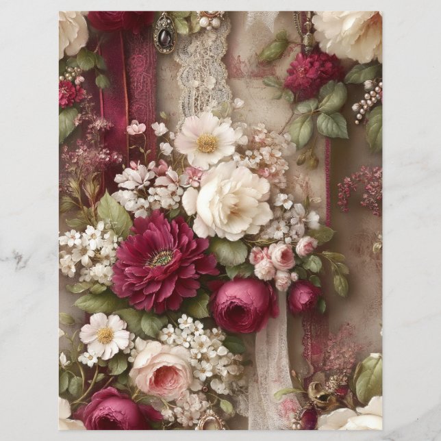 Papel de Scrapbook Journal Junk Flores Borgonha (Frente)