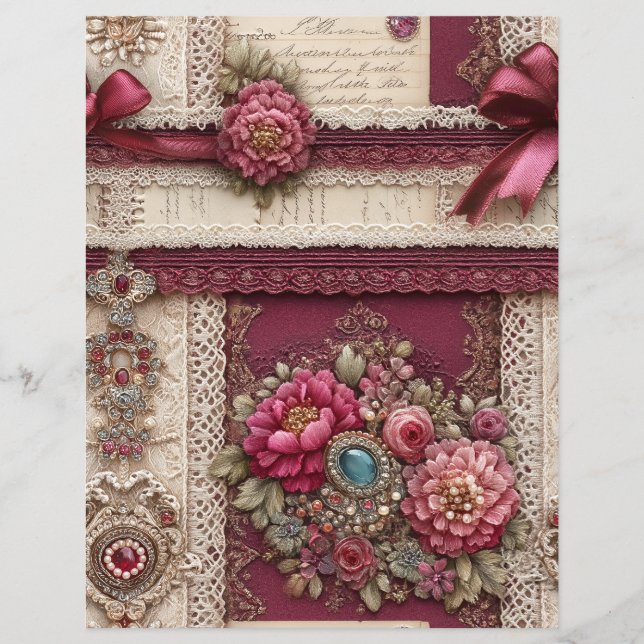 Papel de Scrapbook Journal Junk Vermelho Borgonha  (Frente)