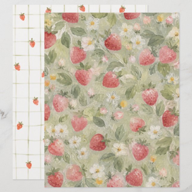Papel de Scrapbook Morangos e Flores (Frente/Verso)