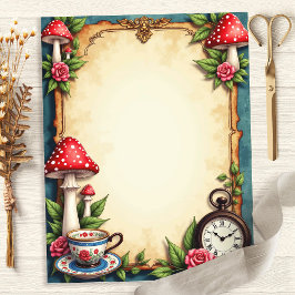 Papel de Scrapbook Xícara de Chá Cogumelos Alice T