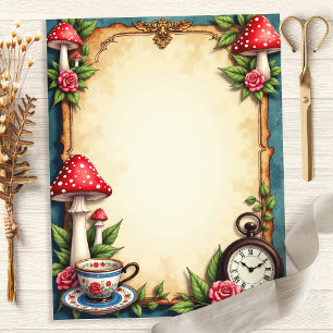 Papel de Scrapbook Xícara de Chá Cogumelos Alice T