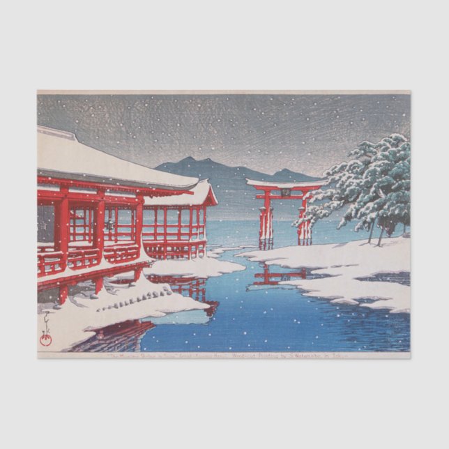 Papel De Seda 雪 の 島, santuário de Miyajima em Neve, Hasui Kawase (Frente )