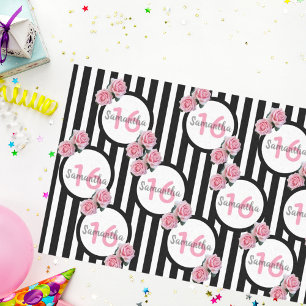 Papel De Seda 16.º aniversário - rosas rosa-chic - listras branc