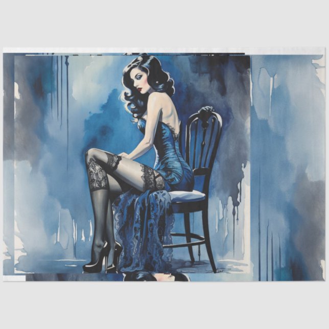 Papel De Seda 1920 de beleza azul Moulin Rouge Raven Haired Lady (Frente )