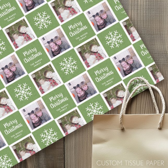 Papel De Seda 2 Foto com Verde - Feliz Natal Flocos de Neve (Custom Tissue Paper)