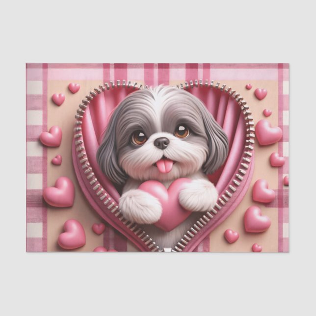 Papel De Seda 3D Shih Tzu em um fundo rosa e branco (Frente )