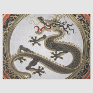 Papel De Seda [600] Dragão Oriental Dourado e negro