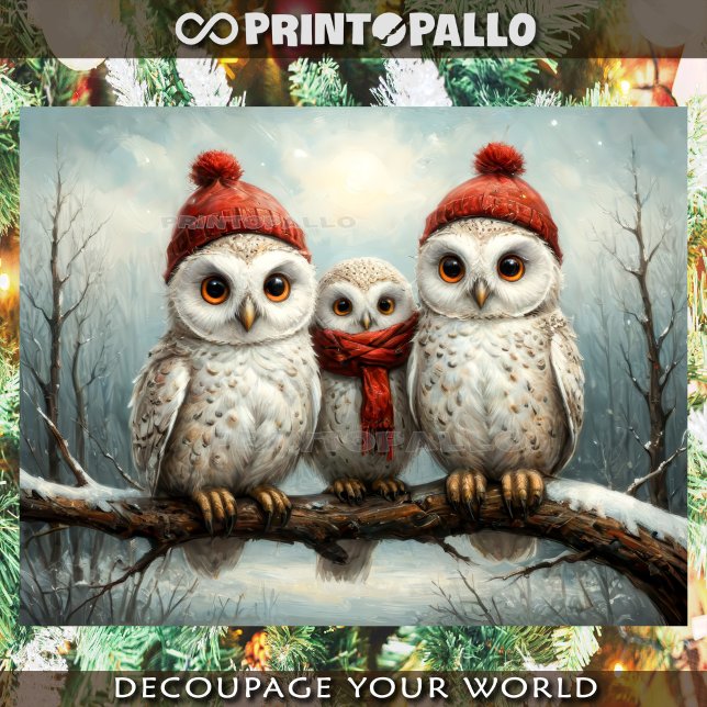 Papel De Seda A família feliz de Natal do Barn Owl em um galho (Criador carregado)