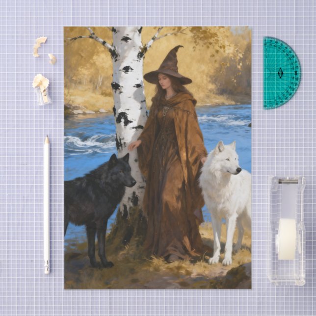 Papel De Seda A Witch With Her Wolf Friends decoupage (Arte )