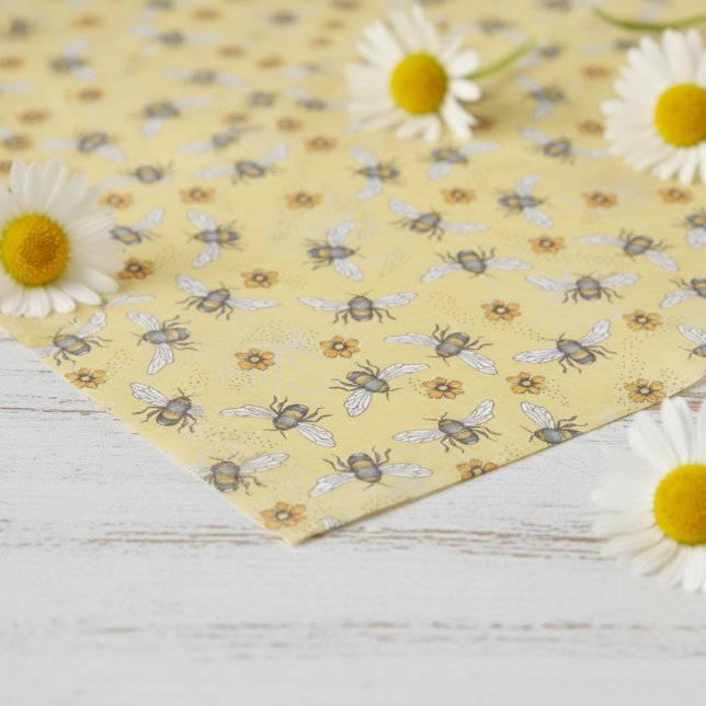 Papel De Seda Abeelha Amarela da Moda Zumbindo na Primavera e Ve (Fun Modern Floral Bee Tissue Paper. Yellow & Black Honey Bees & Daisy Flowers Vintage Insect Pattern)