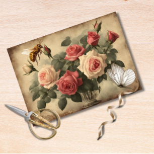Papel De Seda Abelhas Vintage e Borboletas com Rosas Rosa