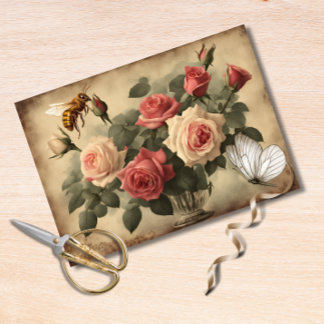 Papel De Seda Abelhas Vintage e Borboletas com Rosas Rosa