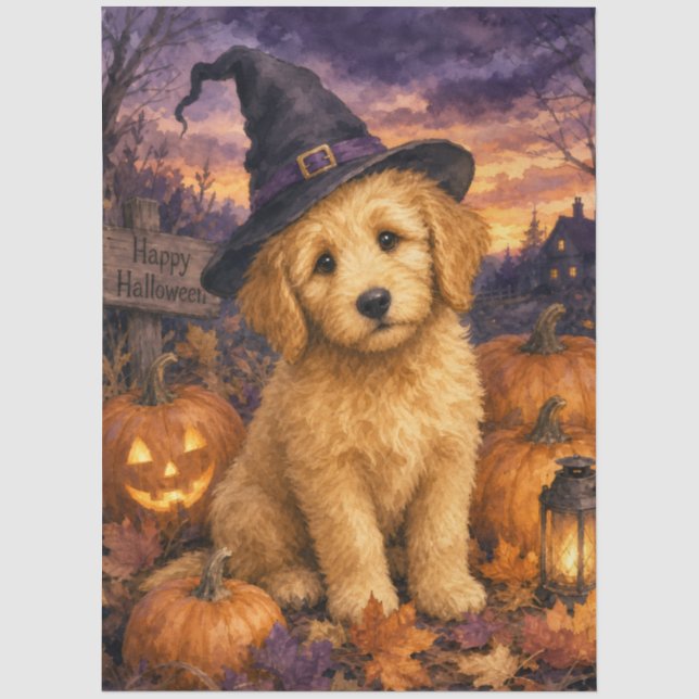 Papel De Seda Abóbora de Chapéu de Bruxa Goldendoodle (Frente )
