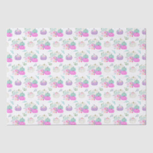 Papel De Seda Abóboras Florais Pastéis em Rosa, Roxo e Azul