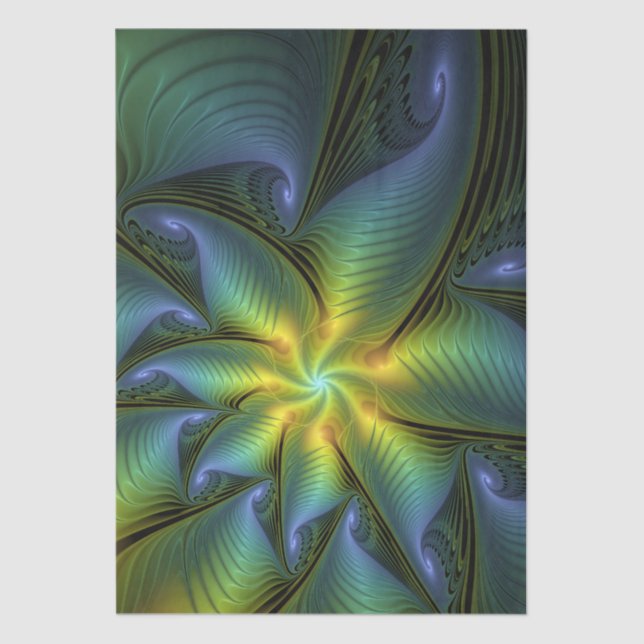 Papel De Seda Abstract Star, Shiny Blue Green Golden Fractal Art (Frente )