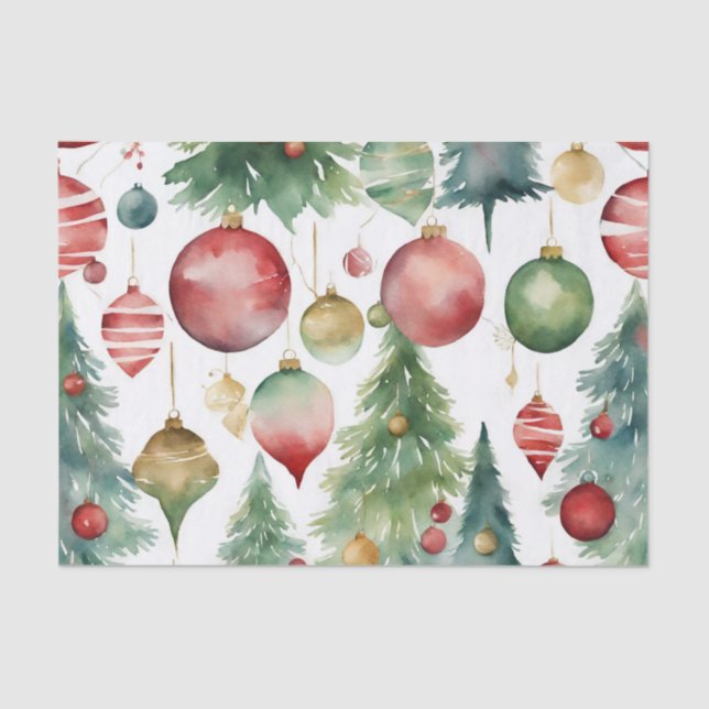 Papel De Seda Abstrato de Árvores e Ornamentos de Natal com Aqua (Frente )