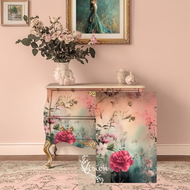 Papel De Seda Abstrato Eetal Floral ( Ethereal Abstract Floral Art and pink carnation, Decoupage Tissue Paper.)