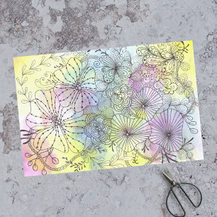 Papel De Seda Abstrato Floral Line Art on Soft Wash Watercolor