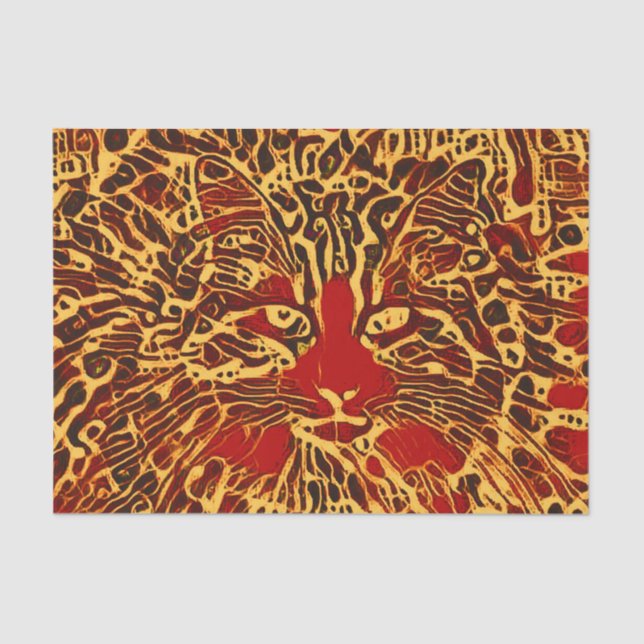 Papel De Seda Abstrato Tribal Tabby Cat Red Yellow Hippie Art (Frente )