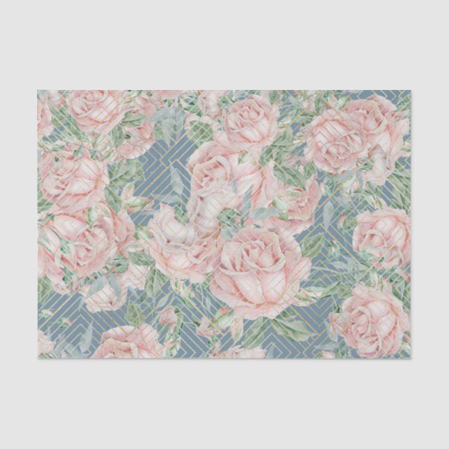 Papel De Seda Aço Leve Rosas Azuis e Rosas (Frente )