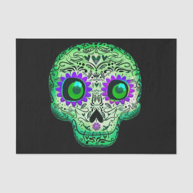 Papel De Seda Açúcar Verde e Roxo Brilhante Caveira de Halloween (Frente )