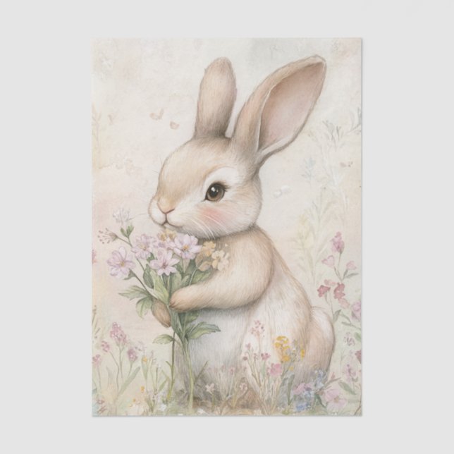 Papel De Seda Adorable Bunny Holding a Bouquet of Wildflowers (Frente )
