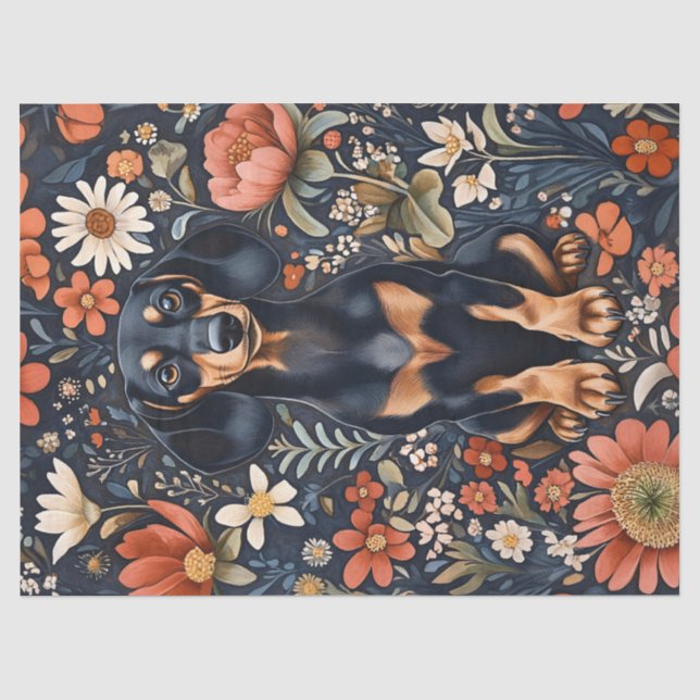 Papel De Seda Adorável Dachshund Flores Vibrantes Decoupage (Frente )