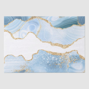 Papel De Seda Ágata Mármore Brilho Baby Blue e Dourado Falso