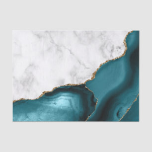 Papel De Seda Agato Azul Teal Marmoreado Branco