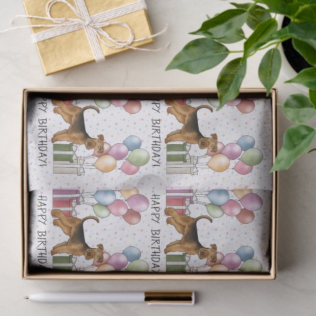 Papel De Seda Airedale Terrier Colorful Pastel Feliz Aniversário (Presente)