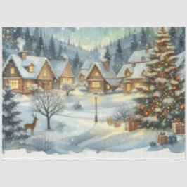 Papel De Seda Aldeia de Natal em Aquarela com Rena