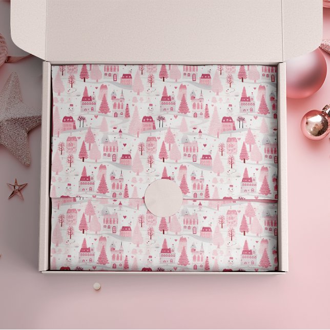 Papel De Seda Aldeia de Natal Rosa e Bonita Dia de Neve (Criador carregado)