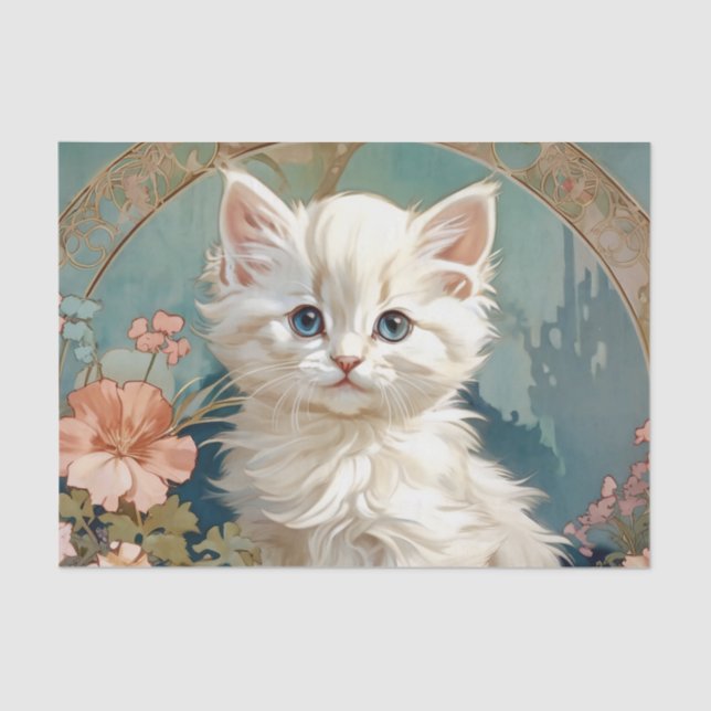 Papel De Seda Alphonse Mucha Style White Cat (Frente )